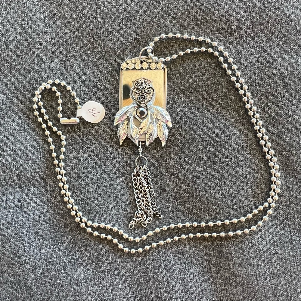 Steampunk Glammy Tags USA Embellished Dog Tag Silver Tone 30”Long Origin $78